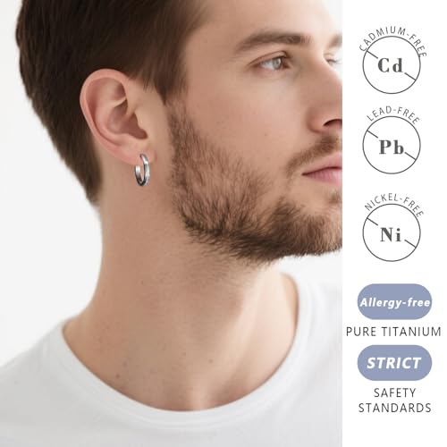TGNEL Large Mens Titanium Hoop Earring for Sensitive Ears, Fashion Brushed Titanium Earrings Hoops for Men Bevel Silver2