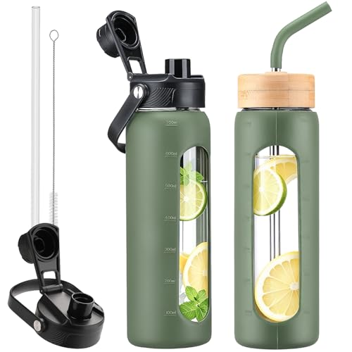 Image of 24 oz Glass Water Bottle with Straw - 2 Lids (Bamboo & Spout Lid), Motivational Borosilicate Glass Daily Water Intake Bottle with Time Marker, Silicone Sleeve for Gym Home Office-Olive