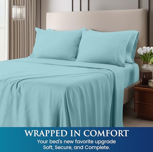 Image of Utopia Bedding Queen Sheet Set, Soft Microfiber 4 Piece Bed Sheets with 15 inch Deep Pocket - Easy Care Brushed Microfiber (Queen, Spa Blue)
