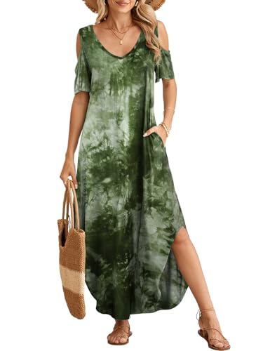 Image of BELAROI Womens Cold Shoulder Maxi Dress Plus Size V Neck Summer Sundresses with Pockets Beach Coverup Vacation Outfits