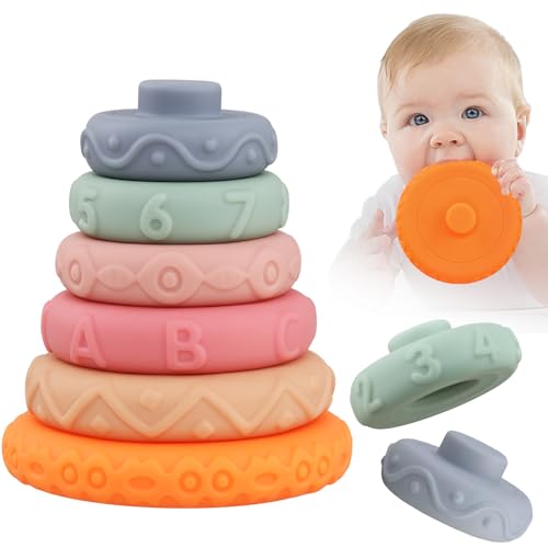 Image of Miawow 6 Pcs Stacking Rings Soft Toys for Babies Newborn 0-18 Months 1 Year Old Girls Boys - Toddler Sensory Educational Montessori Baby Blocks - Infant Development Teething Learning Easter Basket