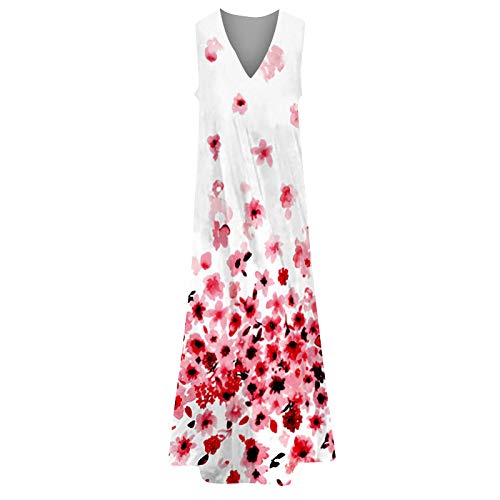 Women's Casual Dress Ethnic Printed Vintage V Neck Gowns Kaftan Irregular Hem Maxi Dress Long Dress With Pockets Summer Sundress Daily Wear Streetwear(6-Pink,16) 0237 #TOP1