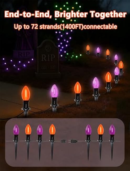 Halloween Pathway Lights, 10 Pack C9 LED Stake Lights with Purple & Orange Bulbs, 19.5ft Extendable Outdoor Walkway Lights for Garden, Yard, Driveway, Porch & Sidewalk Halloween Decorations