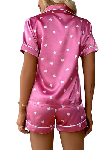 Image of Remidoo Womens Heart Print Satin Pajamas Button Down 2 Piece Sleepwear Set Pink X-Small