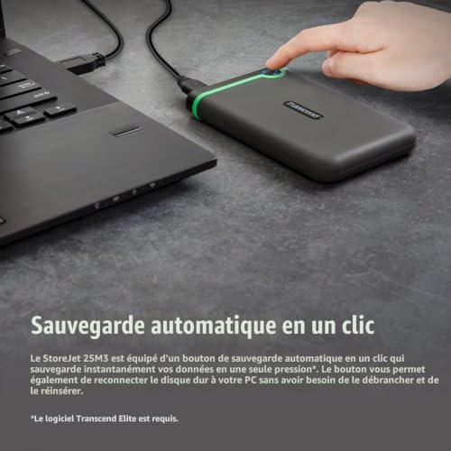 Transcend 2To Disque Dur Portable Robuste StoreJet 25M3, Bouton Sauvegarde