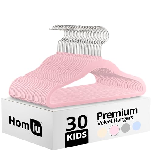 Homiu Non-Slip Kids Velvet Hangers | Ultra-Slim Space Saving Baby Velvet Coat Hangers | 360 Degree Rotatory Hook Sturdy Baby Clothes Hanger | 30 Pack (Pink 30 Pack)