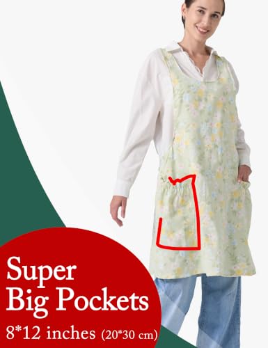 Image of Cozy Adjustable Cross Back Aprons for Women with Pockets Cotton Linen Cooking Kitchen Baking