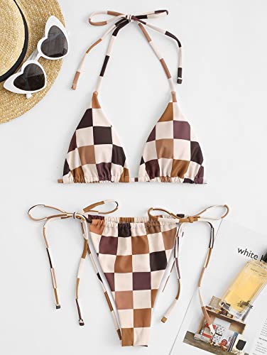 Image of ZAFUL Womens Printed Triangle Bikinis 2 Piece Halter Bikini Sets High Cut Bathing Suit Side Tie Swimsuits