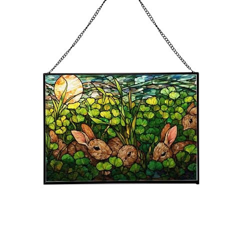 Rabbits Hiding Beneath Clover Field Rectangular Stained Glass Suncatcher – Hanging Window Panel with Animal & Nature Scene – Vibrant Glass Art Gift for Wildlife, Fantasy, Nature Lovers 1keEn5
