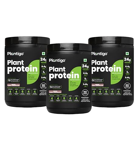 Image of Plantigo Clean Plant Protein Powder | No Preservatives, No Banned Substances | Super Protein Blend - Pea, Brown Rice, Flax | Vegan Green Protein For Men, Women (Swiss Chocolate - 1 kg x Pack of 3)