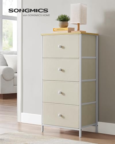 SONGMICS Kommode, Aufbewahrungsschrank mit 4 Stoff-Schubladen, Metallrahmen, hoch und schmal, kamelgelb-cremeweiß LTS314W01