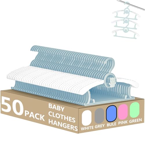 Image of HGYZE Kid Hangers for Closet 50pcs, Blue Infant Clothes Hanger 11-14" Adjustable Plastic Baby Coat Perchas with Bear Hook, Non-Slip Children Outfit Hangars for Boy Toddler Newborn Teen Clothing