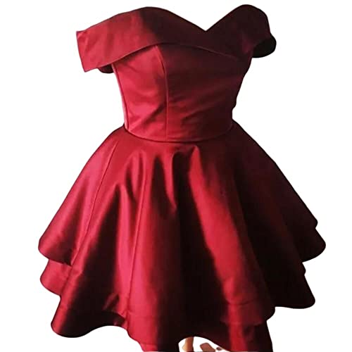 Burgundy Short Satin V Neck Off-The-Shoulder Homecoming Dresses2