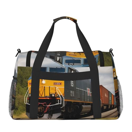 Freight Train Print Travel Duffle Bag - Foldable Personal Item Travel Bag for Women & Men,Carry-On Convertible Crossbody Tote Bags with Adjustable Shoulder Strap & Pockets 13x10.2x19.7 in2