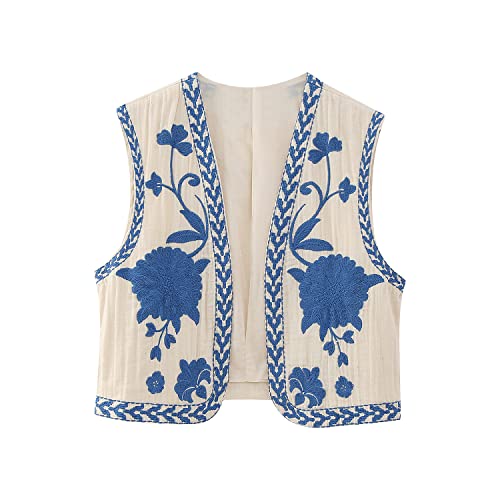 hathne Women's Floral Embroidered Vest Boho Vintage Sleeveless Open Front Cardigan Shirt Vests Waistcoat