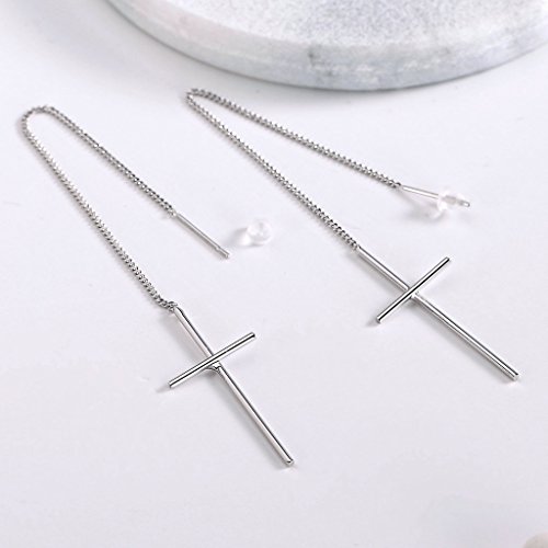 Epinki Gold Plated Earrings, Womens Long Chain Cross Silver Threader Dangle Earrings