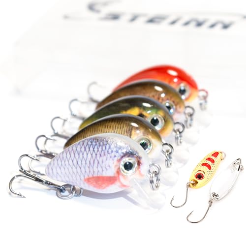Steinn Lot de 5 Leurres Artificiels Mini Crankbaits Wobblers - pour Poissons Prédateurs - 1,6 g - 2,5 cm - avec Boîte de Rangement (Couleur 1 - Inclut 2 Cuillères Tournantes)