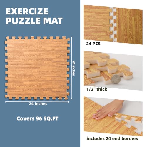 Image of Art3d 96 Sq.Ft Eva Puzzle Exercise Mats, 24 inchx24 inch x 1 /2 inch Thick Foam Interlocking Tiles for Flooring, Workout, Gym Equipments, Pack of 24, Teak