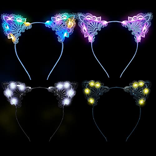 Juexica 4 Pcs Light up Cat Ears Headband Women Lace LED Cat Ears Costome Hair Accessories for Fancy Dress Cosplay Party Christmas Favors