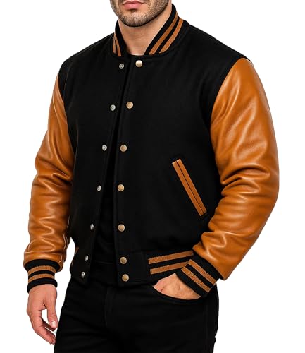 Image of Men's Varsity Jacket Faux Leather Sleeve Wool Blend Letterman Jacket - High School Baseball Bomber Jackets for Men