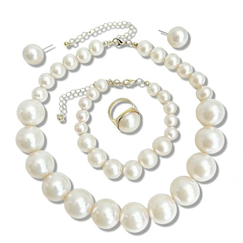 Elegant Pearl Jewelry Set with Earrings Necklace Bracelet and Ring Large Faux Pearl Beads Classic Statement Accessories for Women (White - 4 pcs)