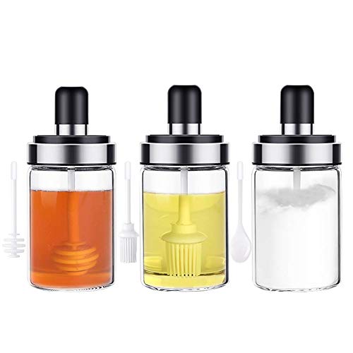 Freehawk Condiment Pots Spice Jars Set of 3 Kitchen Condiment Cruet Bottle with Spoons Honey Pot Jar with Drippers Oil Bottle with Brush and Lids for Oil Sugar Spices Seasonings Set of 3 845oz