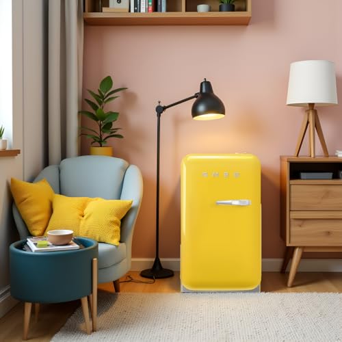 Image of Smeg FAB5 Retro Mini Fridge - 50s Style Compact Small Refrigerator, 1.2 cu ft, Automatic Defrost, LED Lighting, Adjustable Shelves- Made in Italy - Perfect for Home, Dorm, Office, Hotel -Yellow