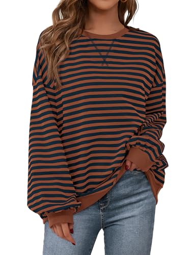 Image of PRETTYGARDEN Womens Striped Oversized Sweatshirt Color Block Crew Neck Long Sleeve Casual Loose Pullover Top Y2K Clothes
