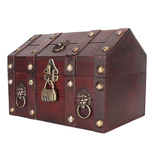 HERCHR Treasure Chest, 18x17x24cm Vintage Madera Remolientes Caja de almacenamiento de joyas Caja de tesoro con bloqueo combinado para la decoración de la fiesta en casa (Rojo)