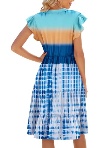 Image of Womens Summer Dress Ruffle Sleeve V Neck Midi Dresses Casual Fit Flowy Tiered Boho Beach Vacation Sundress