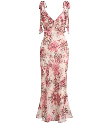 RIHOAS Women's Tie-Strap Layered Ruffle Floral Midi Sundress - Anthropologie Style | Semi-Formal Summer Garden Dress | Vestidos para Mujer Pink Valentines Day Dress