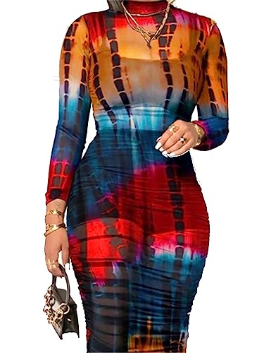 Image of Rodawu Women's Sexy See-Through 3-Piece Set Midi Dress Outfits | Printed,Long Sleeve,Sheer Mesh,Crop Tank Top,Bodycon Skirt,Ruched Cover,Soft,Lightweight,Breathable,Skin Friendly Fabric