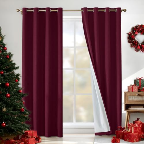CYCMACO 100% Cortinas Opacas 2 Piezas, 140x225cm, Efecto Lino, Cortinas Termicas Aislantes Frio Y Calor, con Ojales, Acusticas Cortina Moderno, para Dormitorio, Salón Y Cocina, Burdeos