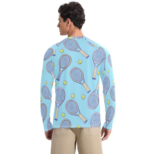 Bolaz Mens UV Protection Shirts Rash Guard Long Sleeve UPF 50+ Tennis Racket Blue Quick Dry S2