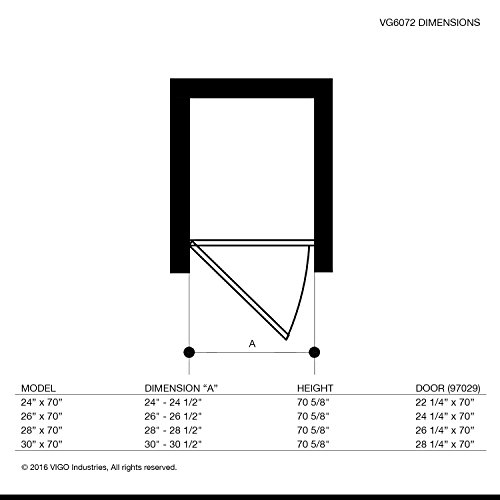 Vigo Vg6072Chcl24 3.0" -24.5" W -70.63" H Frameless Hinged Rectangle Shower Door With Clear 0.31" Tempered Glass And Stainless Steel Hardware In Chrome Finish With Reversible Handle #TOP6