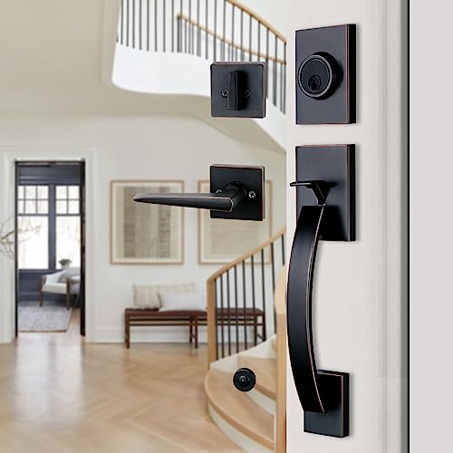 Image of NEWBANG Exterior Door Handle, Front Door Handle with Deadbolt,Entry Door Lock Set with Reversible Lever, Oil Rubbed Bronze Finish,MDHST201710B-BR