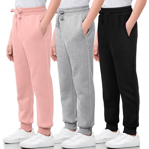 3 Pack Girls Sweatpants Cotton Fleece Girls Active Joggers Soft Athletic Sweat Pants for Kids Youth with Pocket Drawstring