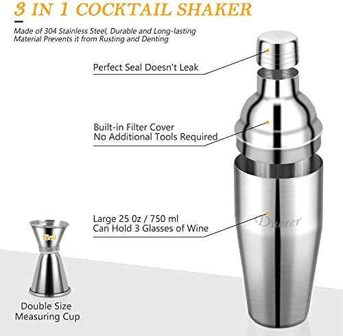 Duerer Cocktail Shaker Set, 23-Piece Professional Martini Bartender Kit with Bamboo Stand, Perfect Home Bar Kit Have Cocktail Shaker, Muddler, Jigger, Strainer, Velvet Carry Bag & Recipes, and More