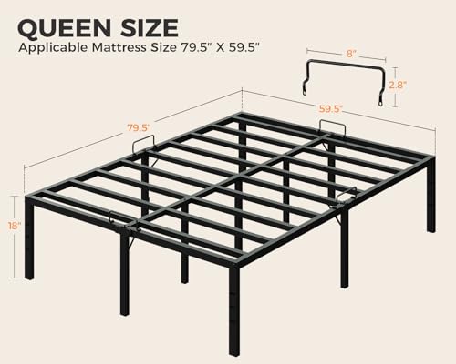 KKL Queen Bed Frame, 18 Inch Heavy Duty Steel Platform with Mattress Anti-Slip Rods, Bed Frame with Underneath Storage Space, No Box Spring Needed, Easy Assembly, Black