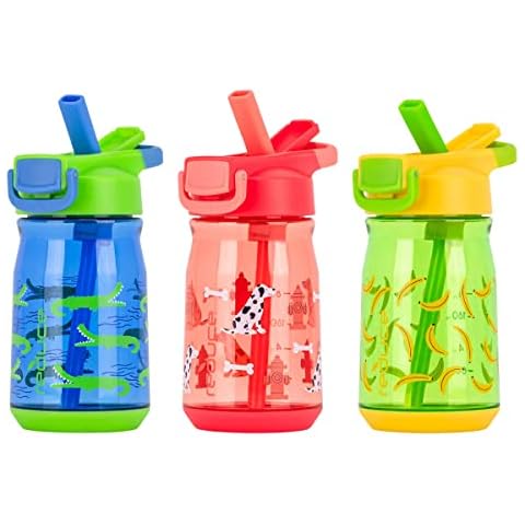 Reduce Hydrate 415ml Kids Water Bottle Set Multipack Dishwasher safe Hygienic Flip Flop Lid With Leak Lock (415 ml, Crocodile) 3 Pack Cover