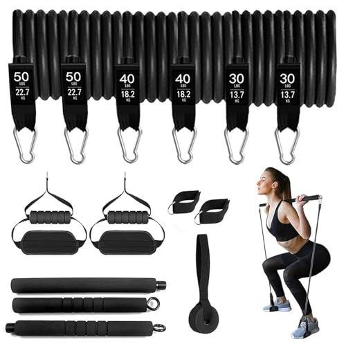 Bandas de Fitness, Juego de Barra de Pilates con 6 Bandas de Resistencia 30 40 50 lbs Bandas de Resistencia con Asas de Banda de Fitness Anclaje de Puerta Correas para Equipo Deportivo en Casa