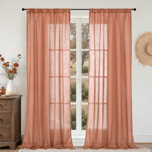 Image of BGment Extra Long 108 Inch Length Curtains for Living Room Windows, Linen Terracotta Drapes Rustic Textured for Bedroom Decor with Rod Pocket Semi Sheer Lightweight, 2 Panels Set, Each 52 Inch Wide