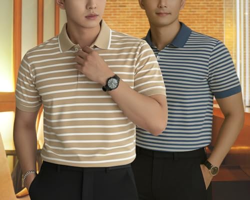 Image of MACK JONNEY Men's Cotton Polo T-Shirt | Regular Fit | Short Sleeve | Striped Casual Wear | Pack of 2 -MJ-1