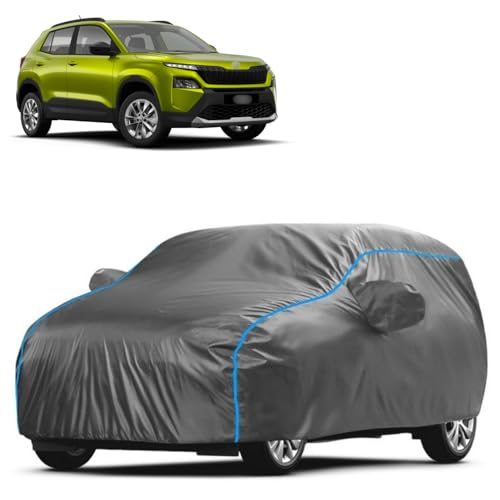 Image of Kerwa Car Body Cover Waterproof Compatible with Skoda Kylaq | Scratch Proof, Anti-Dust, UV Protection with Windproof Buckle Strap and Mirror Pockets, Bottom Elastic Fitted-Grey