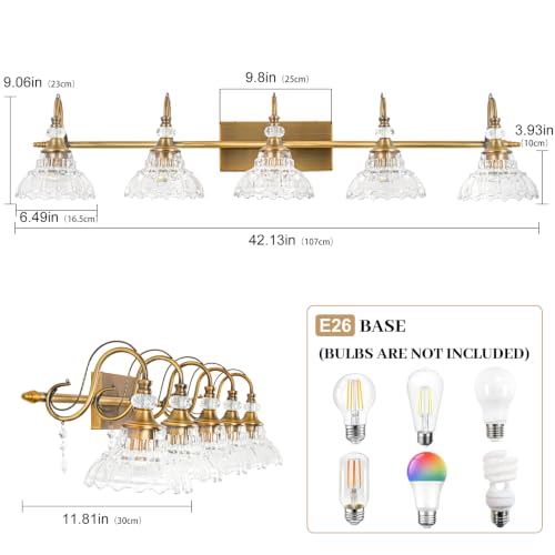 Image of Vintage Bathroom Vanity Light, 5-Light Matte Antique Brass Finish Wall Sconce with Hanging Crystal Accents and Flower-Shaped Clear Glass Shades, Retro Wall Mount Vanity Light Over Mirror for Bathroom