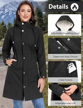 Dames regenjas lange softshelljas met capuchon vrouwen overgangsjas regenjas gevoerde functionele jas waterdichte windbreaker wandeljas ademende jas outdoorjas, lichtkaki, 4XL