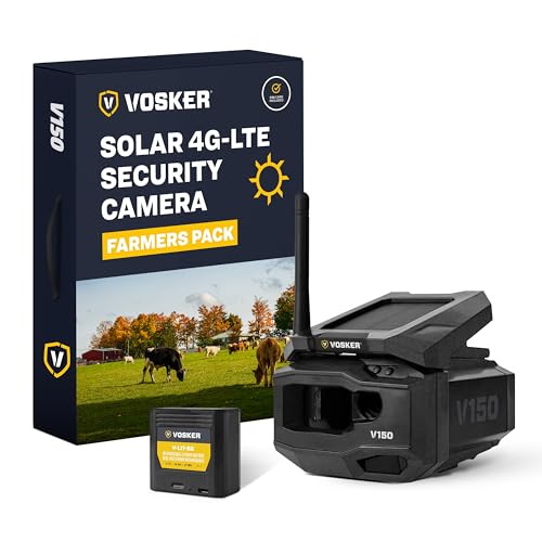 Vosker V150 Farm Pack 4G LTE Solar Security Camera, Wireless Outdoor Surveillance for Farms, Sheds and Equipment Monitoring, No Wi-Fi Required, Night Vision, SIM Card & Mobile App Included