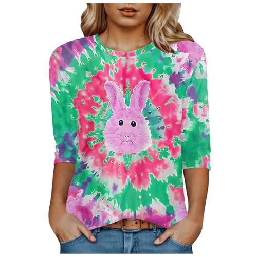 Xbemkste - Basics Chemise à manches pointues tie dye haut col rond décontracté T-shirt délicat et Pâques British Easter Bunny Dress Femmes Blouses & Chemises, rouge pastèque, S
