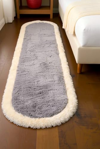 Image of Fluffy Silky Micro Fiber Polyster Carpet /Runner for Bedroom, Study Room, Playing Room, Guest Room ETC. 2x6 feet Feet, (Grey and Ivory Side boder)