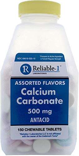 Calcium Carbonate Antacid by Reliable 1 Laboratories | Acid Reducer for Indigestion, Sour Stomach and Heartburn Relief | Antacid Tablets Chewable | 150 Chewable Calcium Tablets, Assorted Flavors